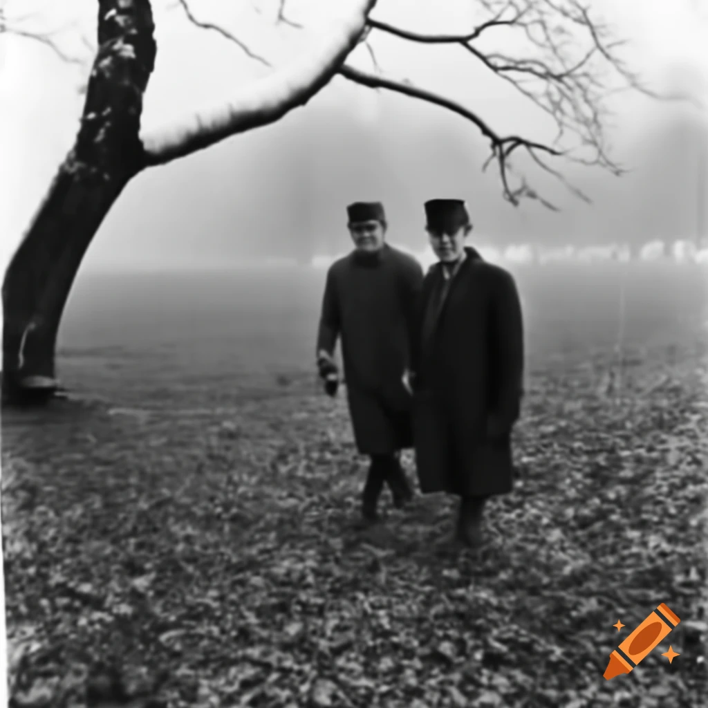 Two individuals stuck under a tree during a snowstorm