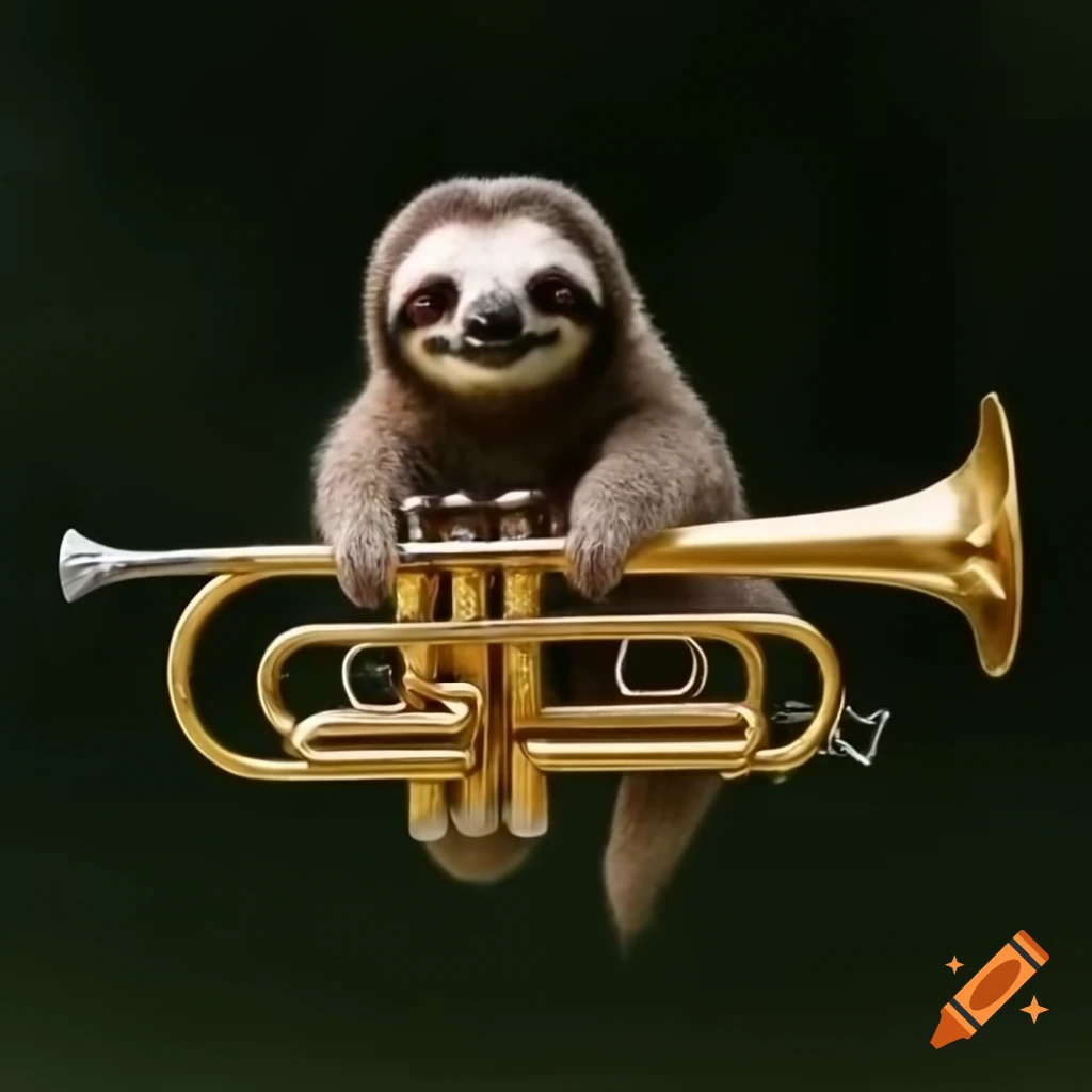 Sloth hanging on big trumpet