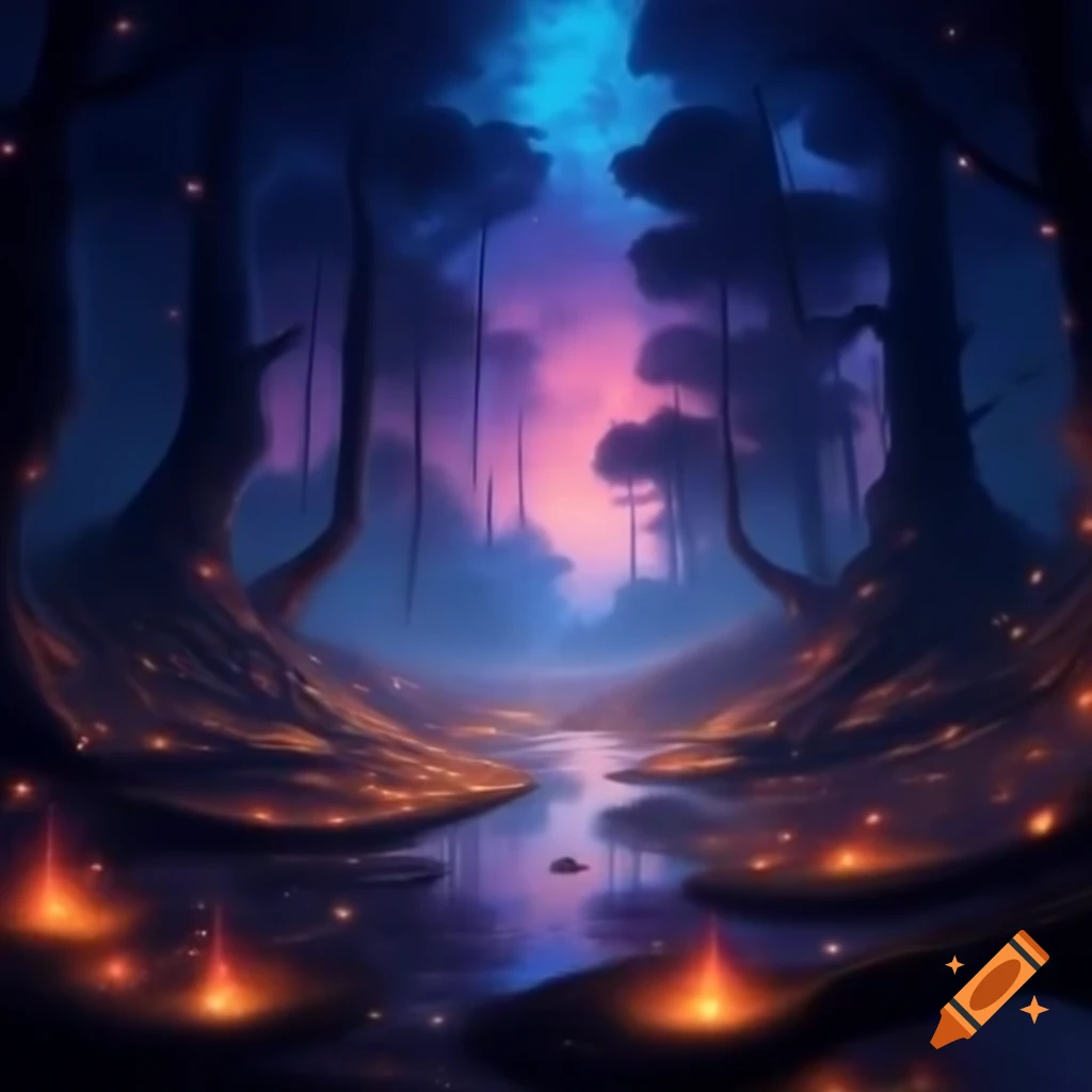 Enchanted bluish forest in evening with glowing fireflies