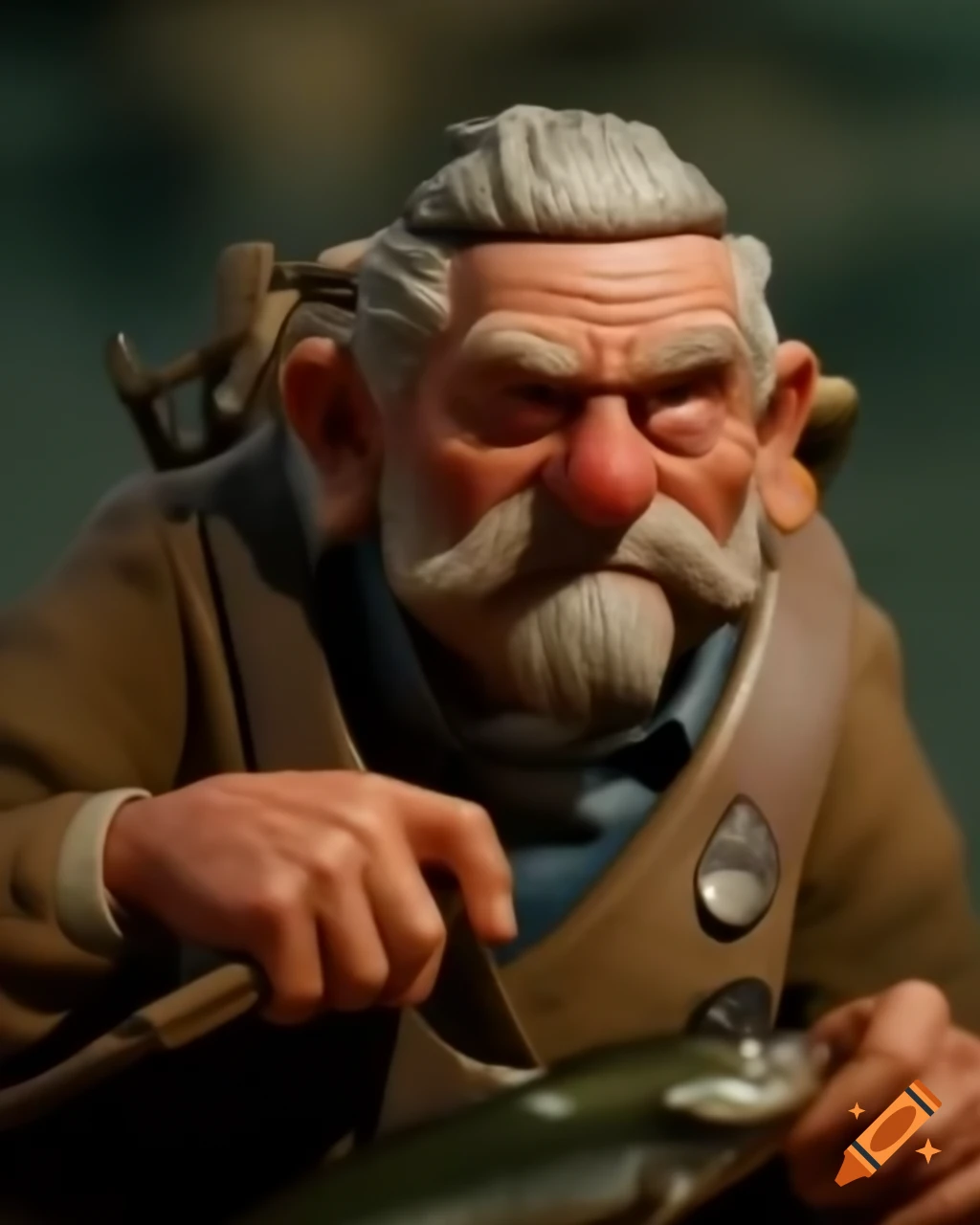 Close up of stop motion figure of an elderly man fishing