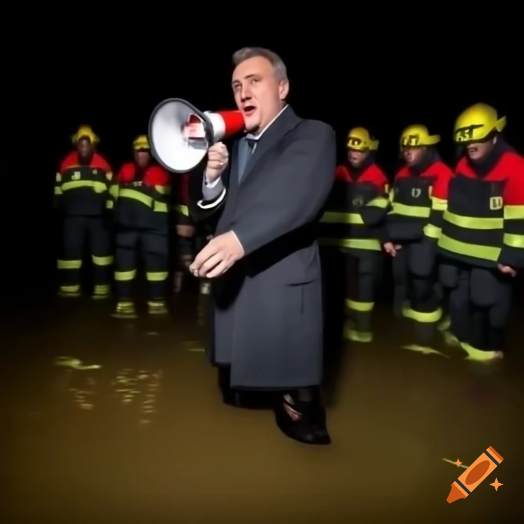 Jacek Sutryk in rubber boots and coat, confidently addressing citizens during Wrocław flood