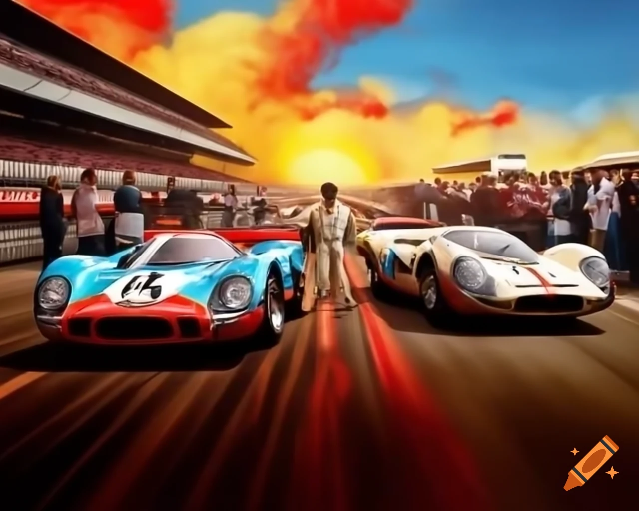 Vintage Indy Grand Prix Porsche 917 and Ford GT40 racing with spectators and dust clouds