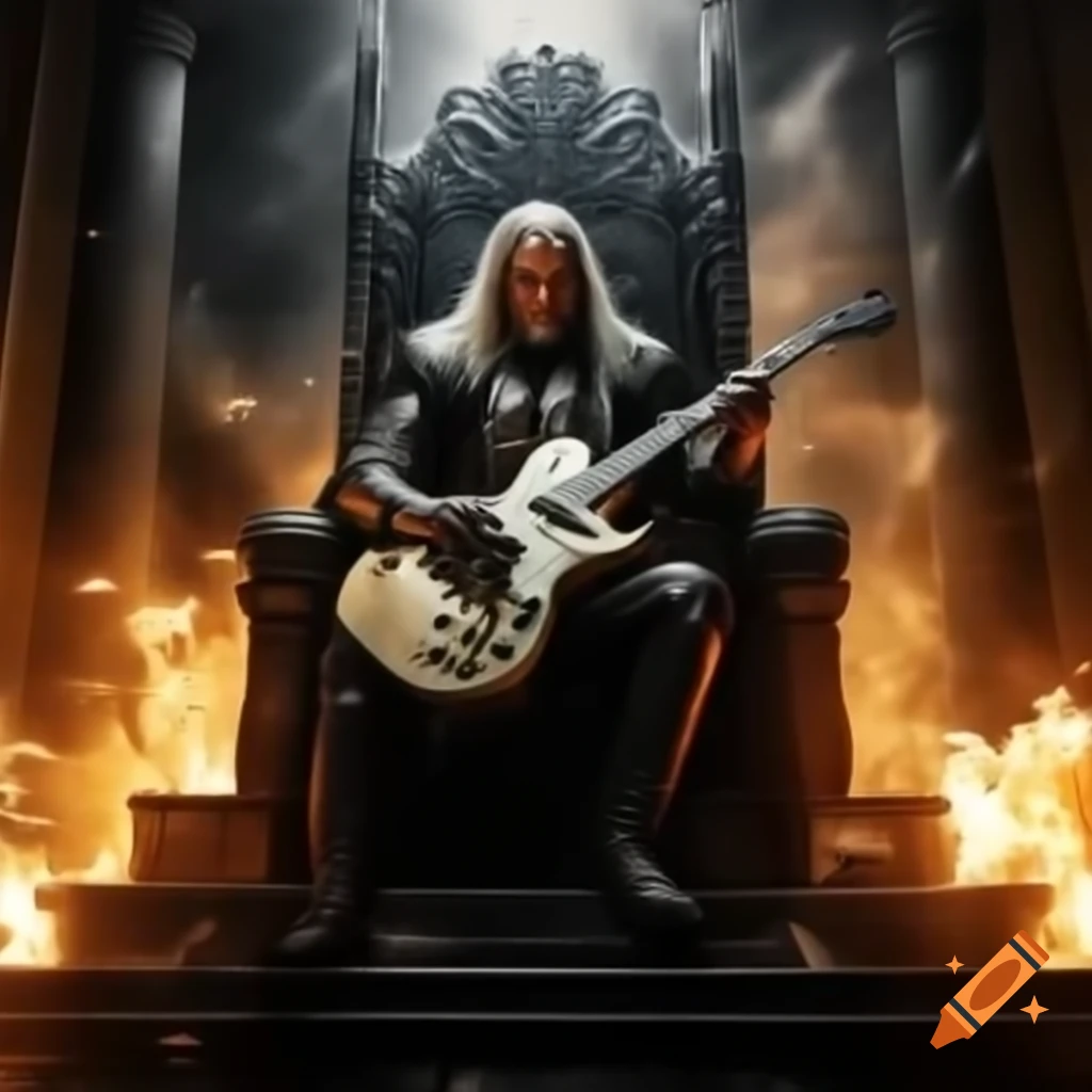 Triple H performing on electric guitar atop throne with pyrotechnics