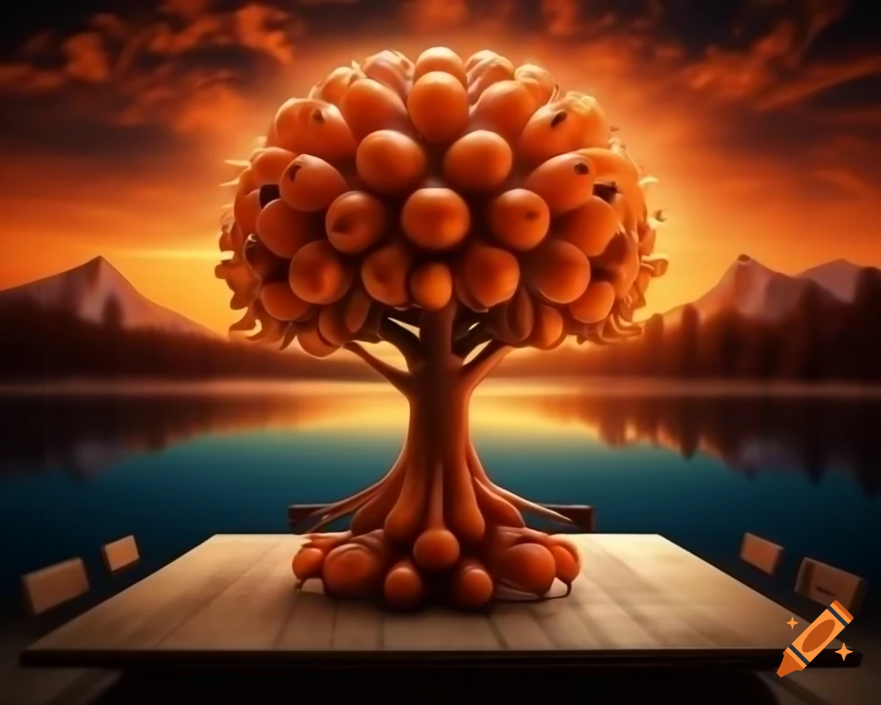 3D orange tree monster with human face on wooden table in forest