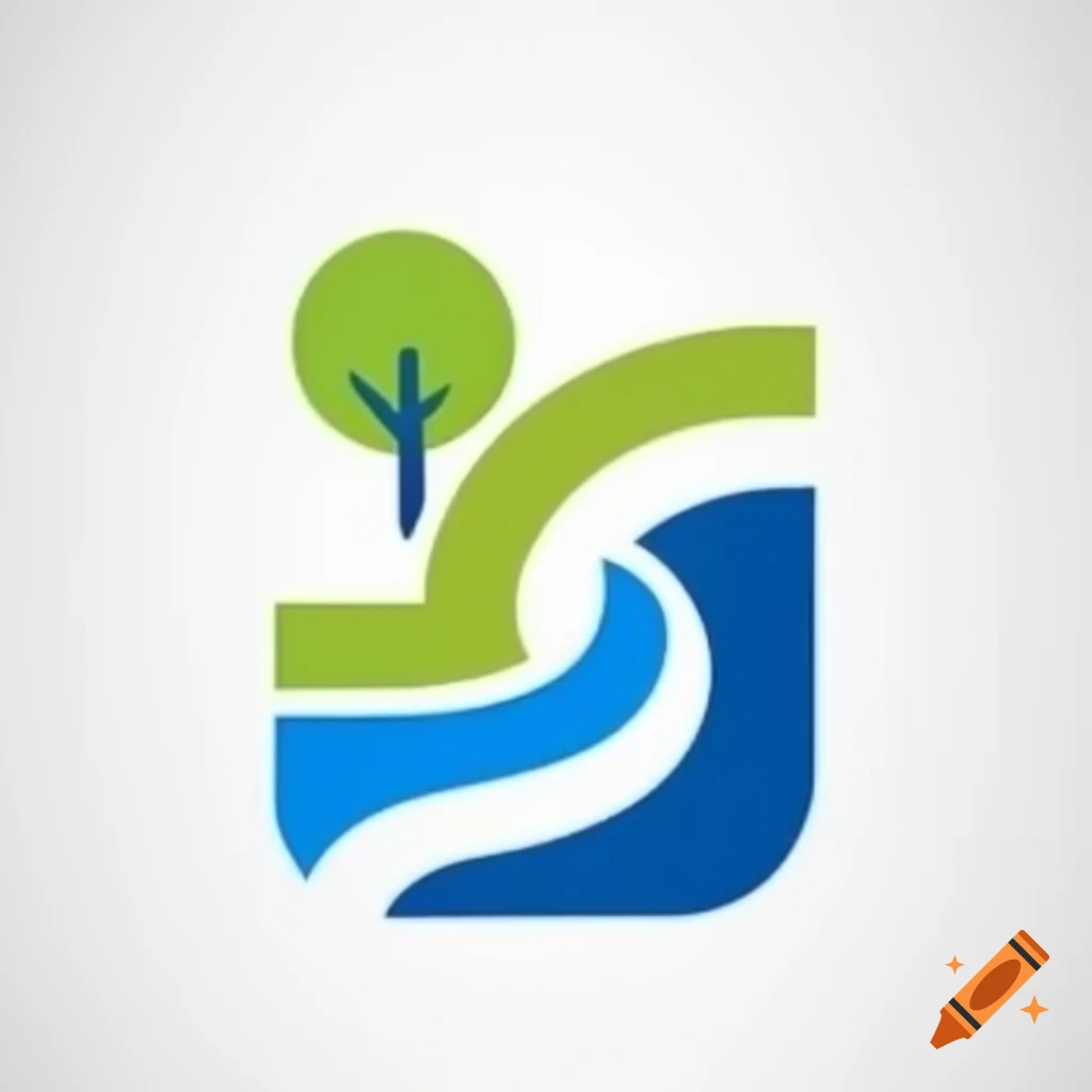 Logo with riverbank, tree, and slender building design