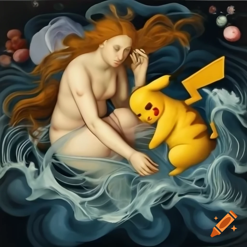 Radiant Pikachu in electric sea, inspired by Botticelli's Birth of Venus