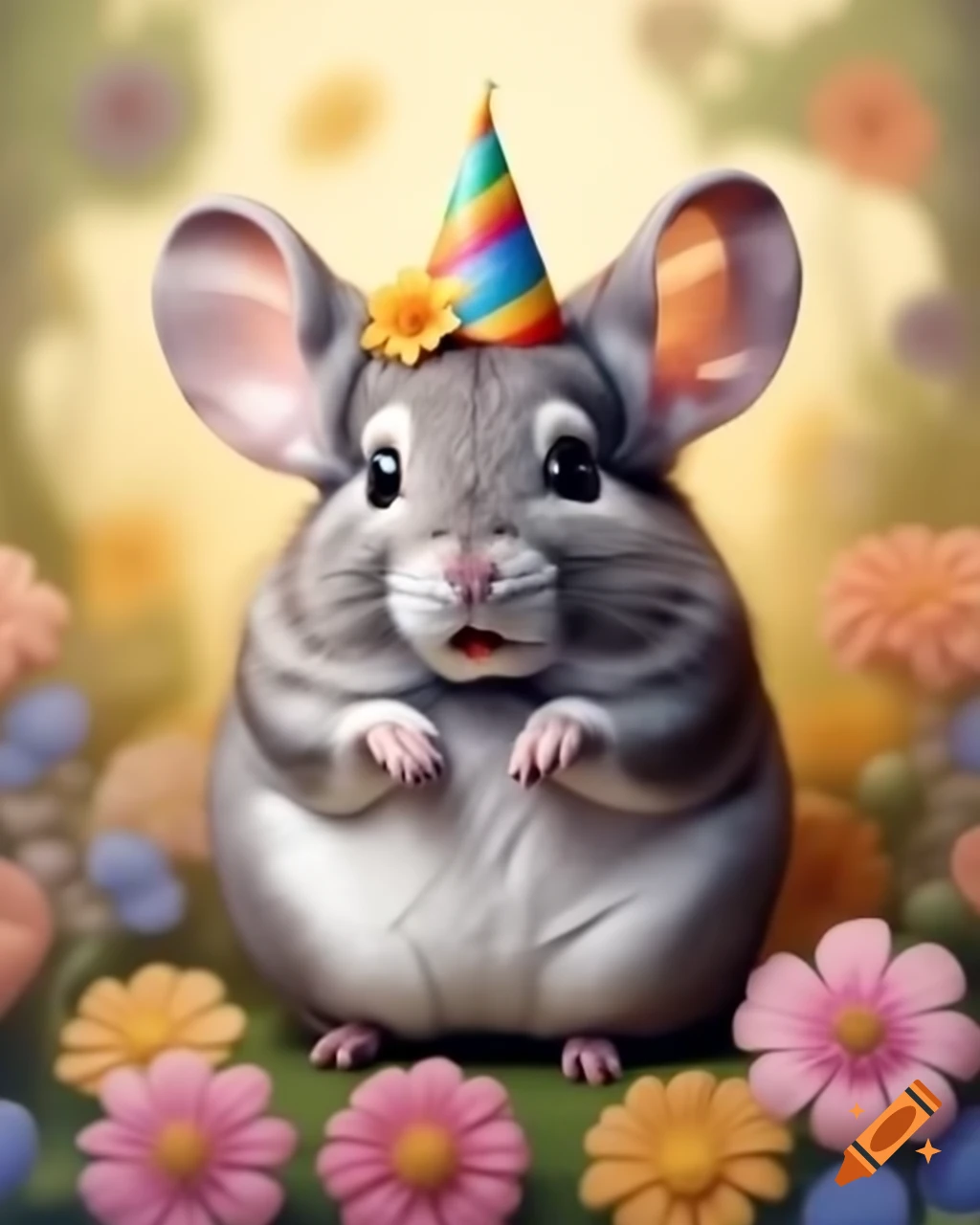 Cheerful chinchilla surrounded by flowers for birthday celebration