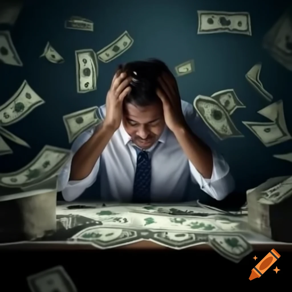 Stressed man at desk surrounded by money and riches