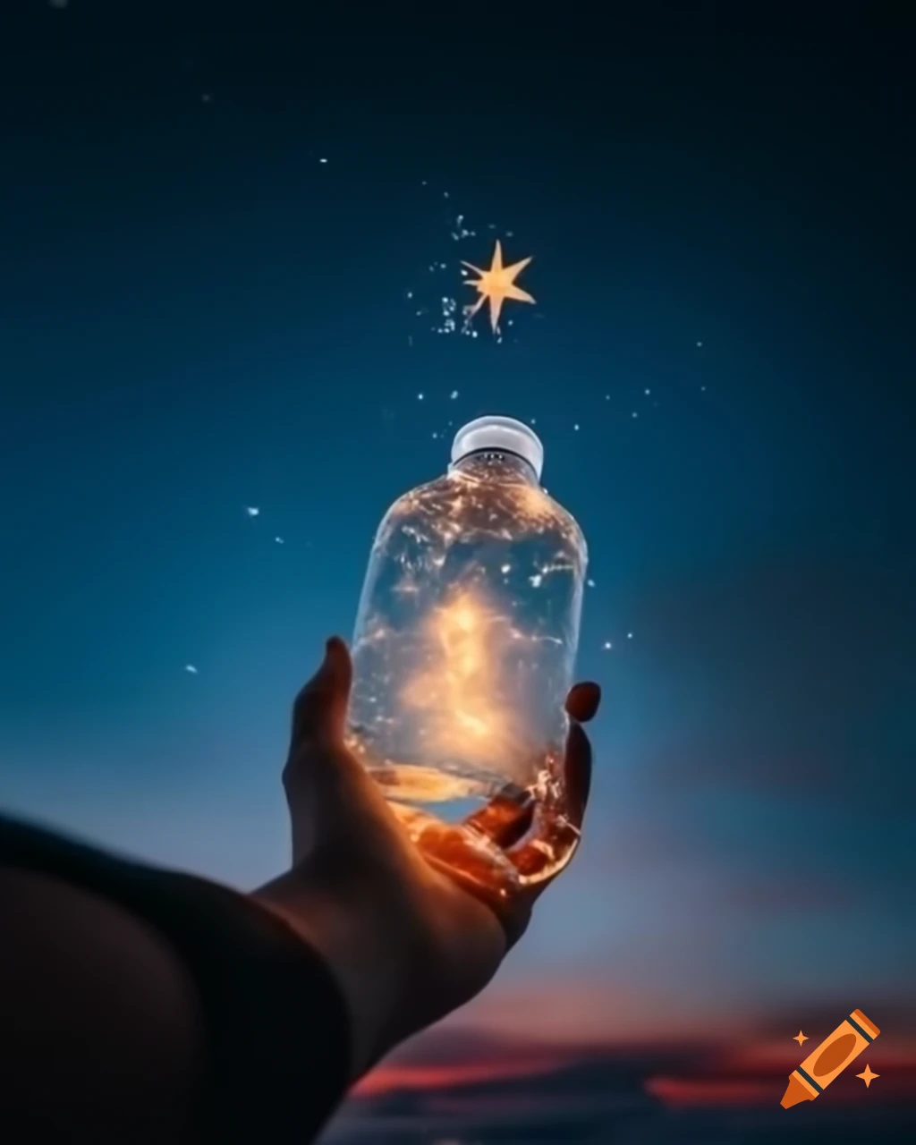 Woman releasing glowing stars from a bottle into the sky, creating a magical surreal scene