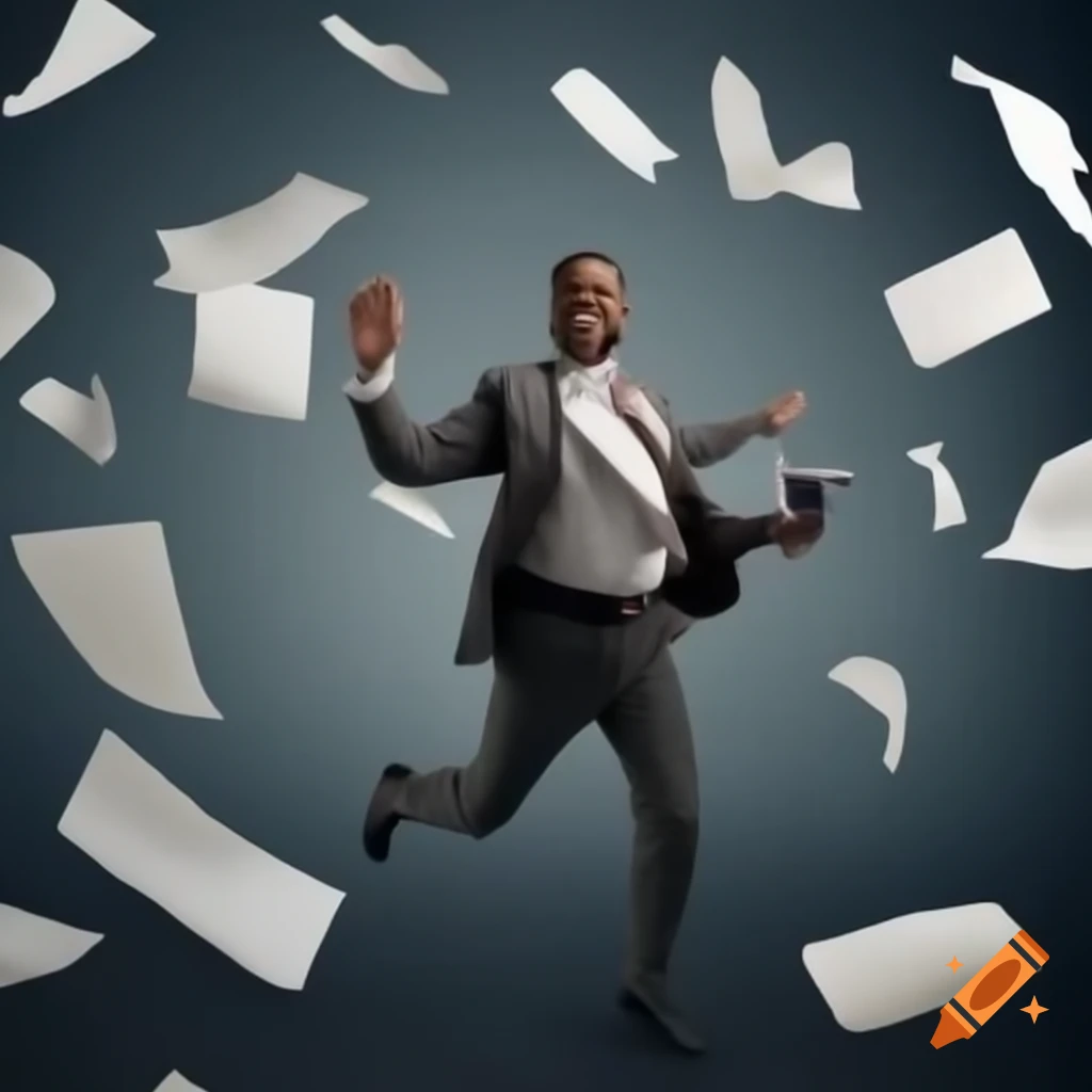 Black man throwing papers in the air at workplace