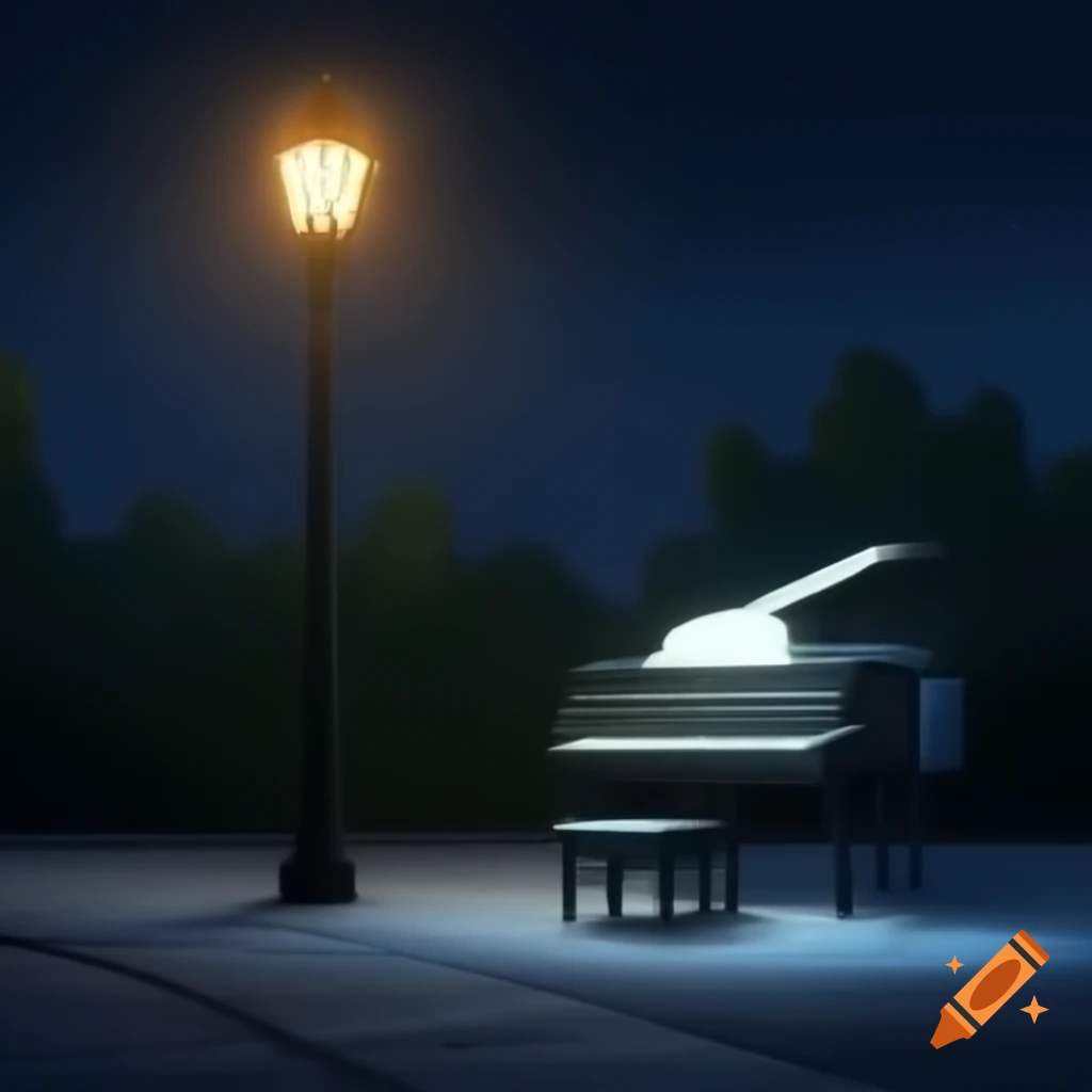 Piano illuminated by street lamp at night
