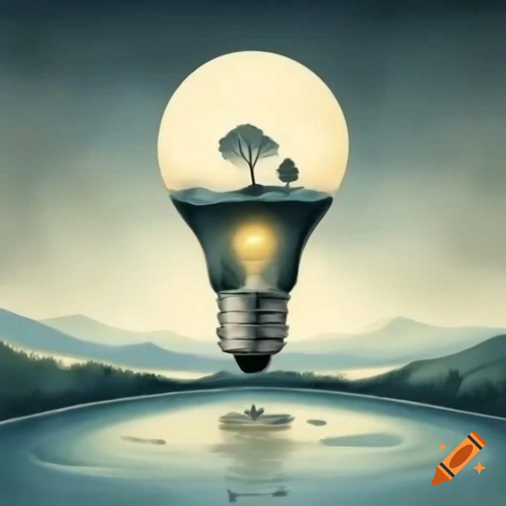 Vintage light bulb with whimsical dreamscape in watercolor washes