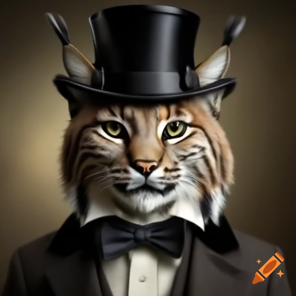Bobcat wearing a top hat and bow tie