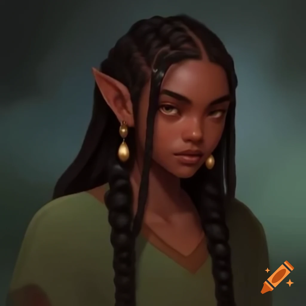 Mythical character wearing gold jewelry and long sage-green dress with braids, earthy tones