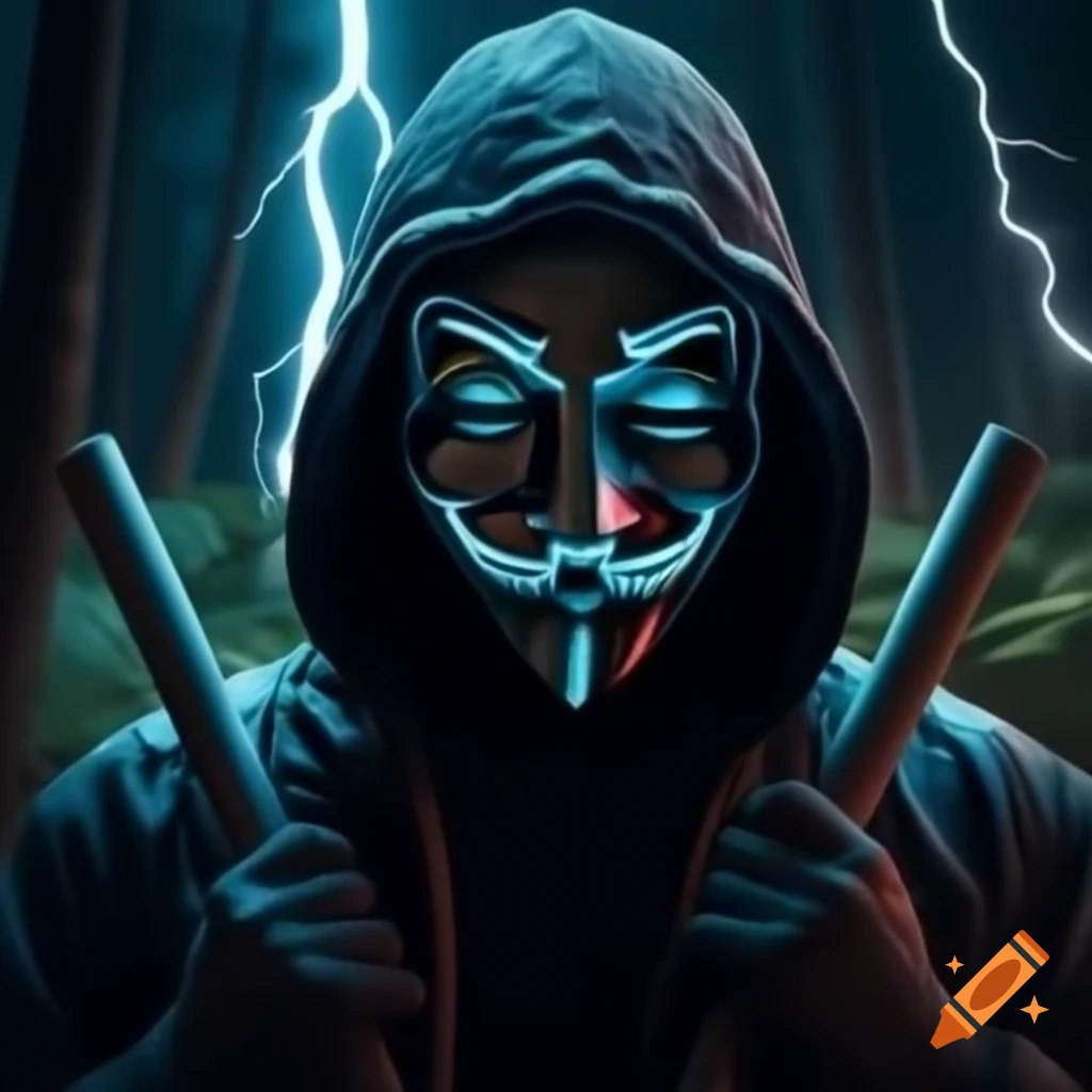 Hooded figure with neon Guy Fawkes mask holding long lightsticks in forest during lightning storm
