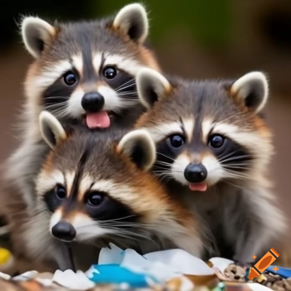 Three raccoons playing in trash pile