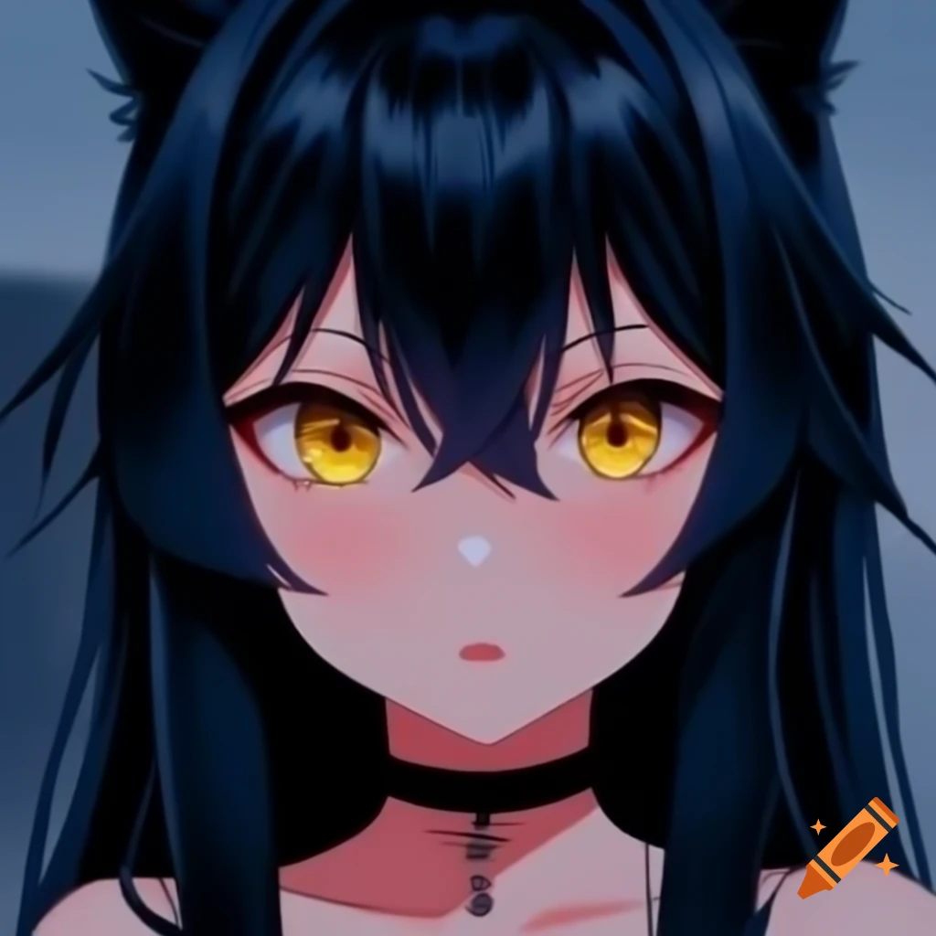 Anime wolf girl character with dark long hair and yellow eyes