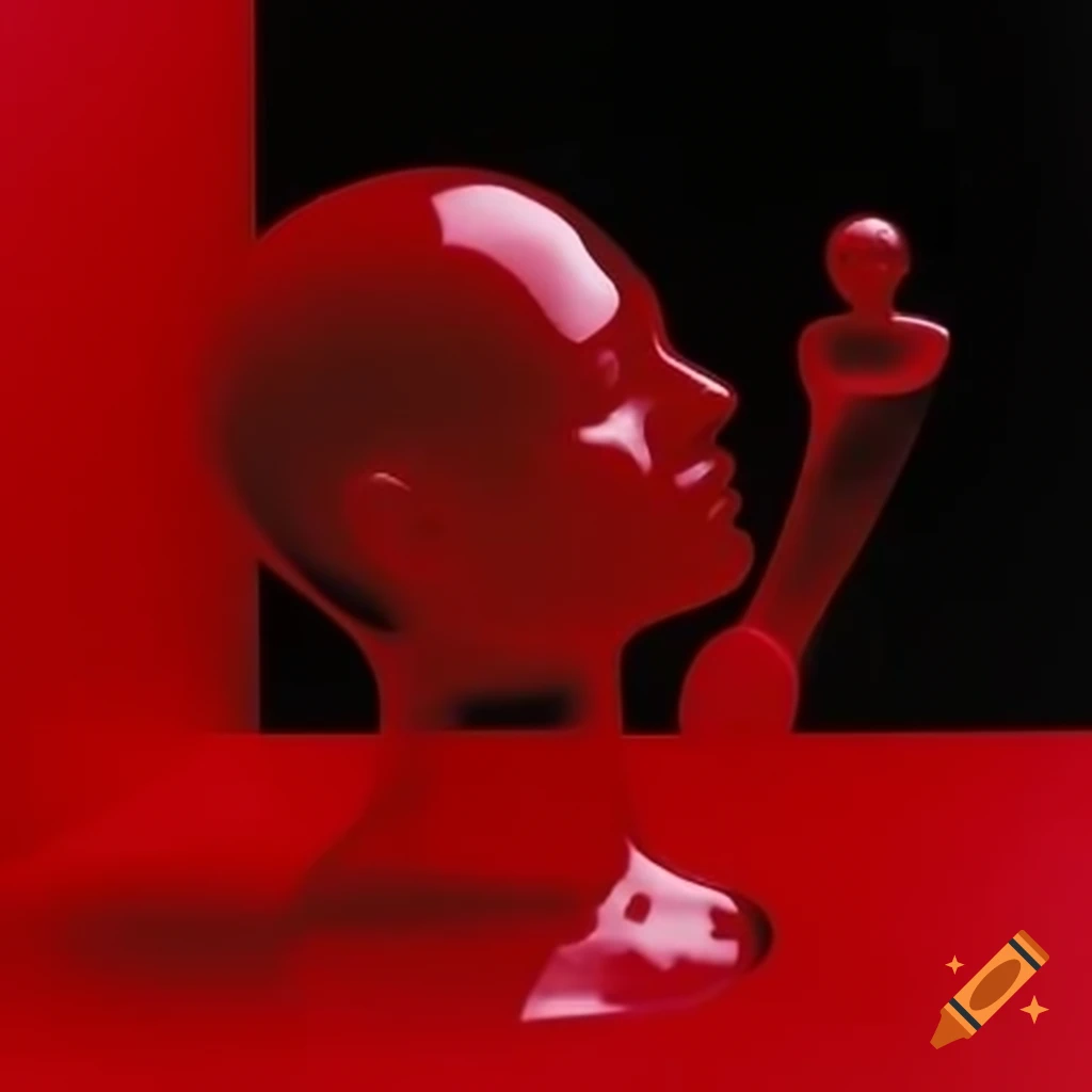 Pop surreal photography featuring red glass statue from the 2000s