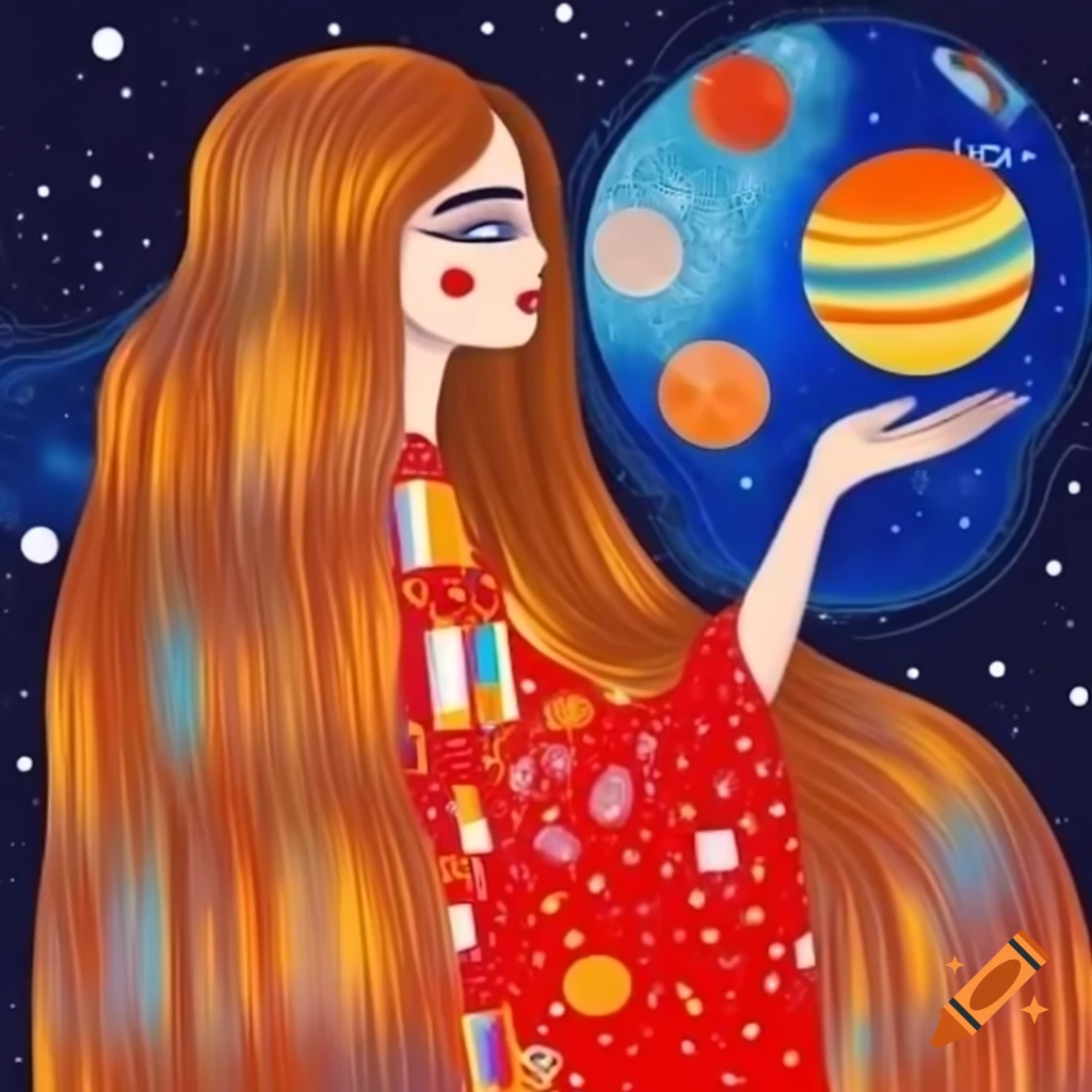 Woman in red dress holding Jupiter against galaxy background in Klimt and Mucha style