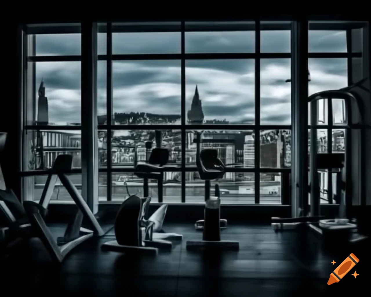 Fitness-themed wallpaper showing Dublin cityscape from gym window in 1080p resolution