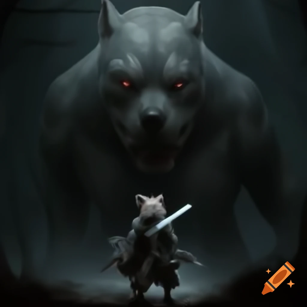 Fox with sword beside giant pitbull, inspired by Dark Souls