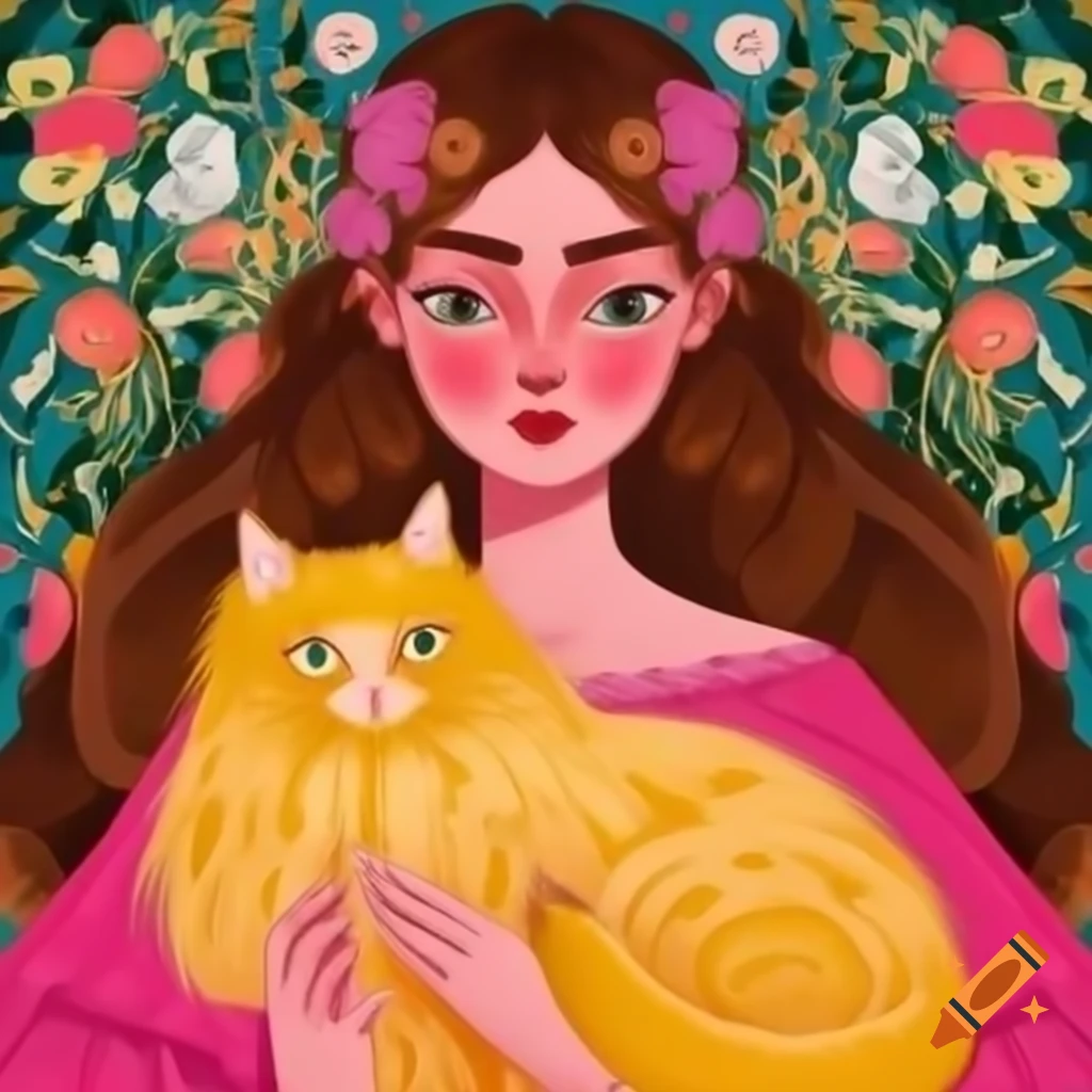 Woman in pink dress holding yellow fluffy cat with floral background in Mucha style