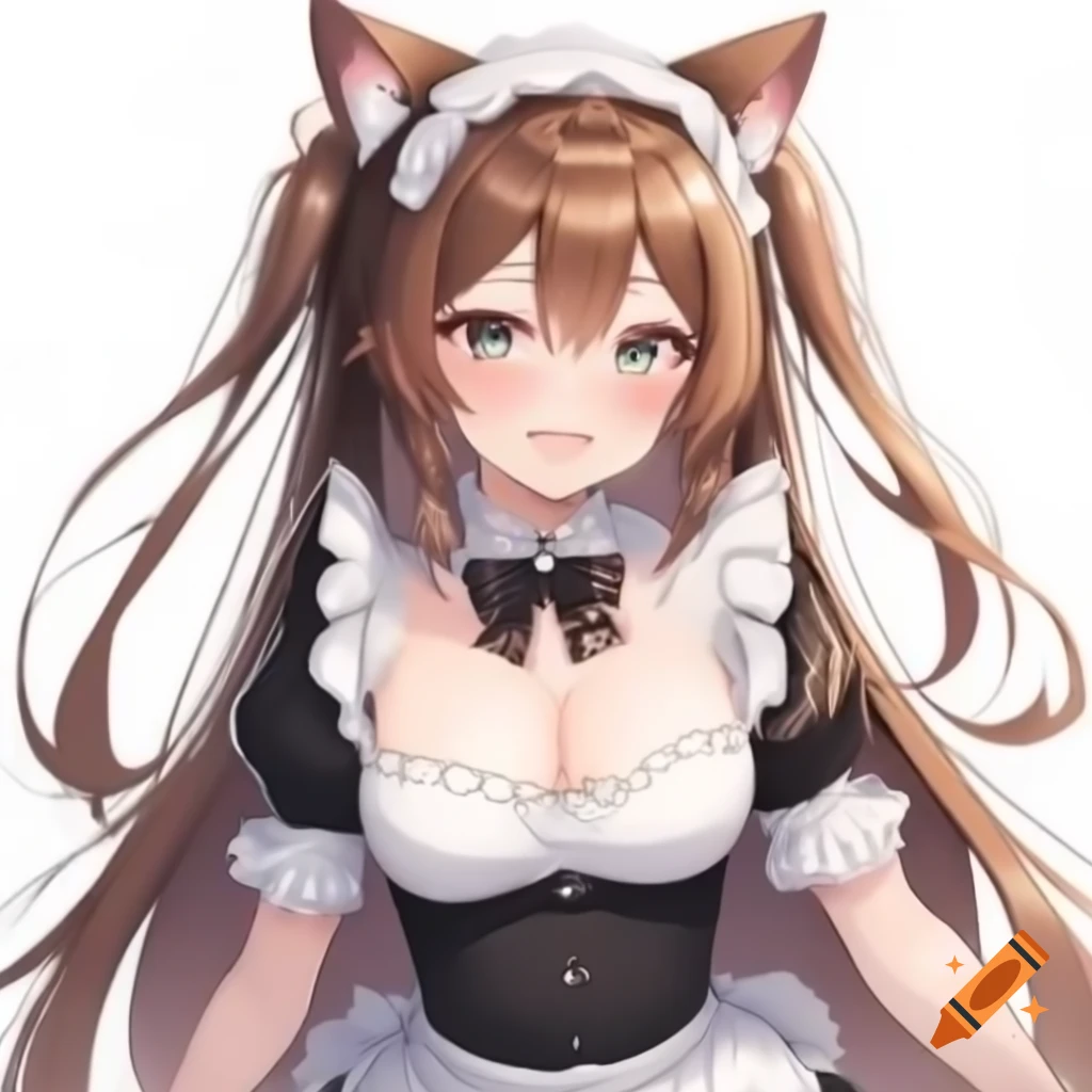 Anime girl with long brown hair in maid outfit and cat ears