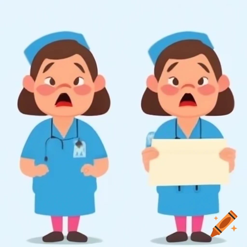 Two Hungarian women nurses in blue uniforms holding a placard, looking stressed