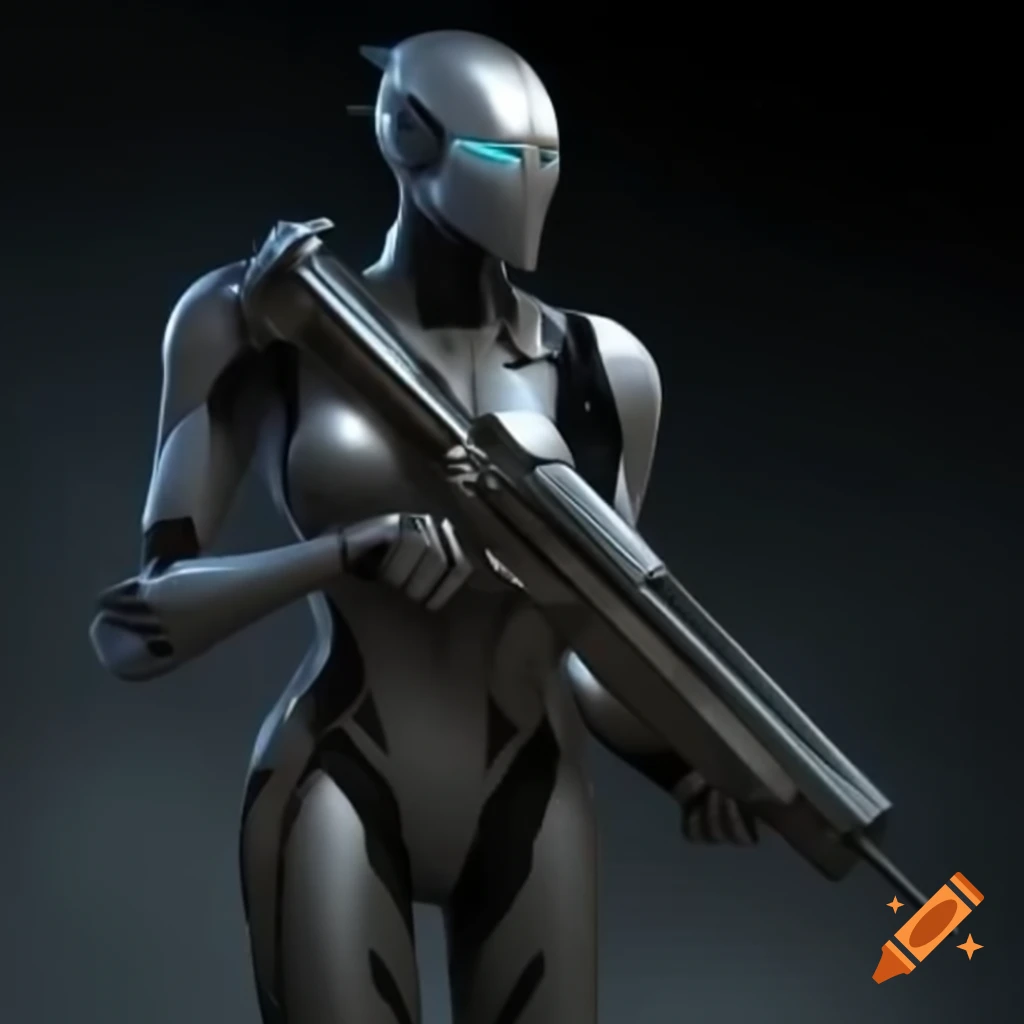 Cyborg warrior in armor suit holding laser rifle