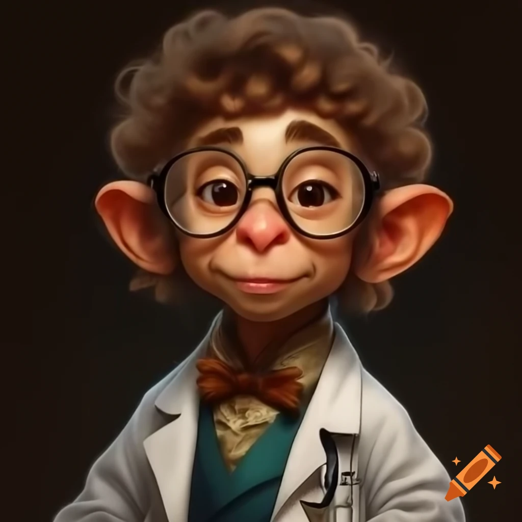 Young dwarf scientist with curly hair and glasses in fantasy color sketch