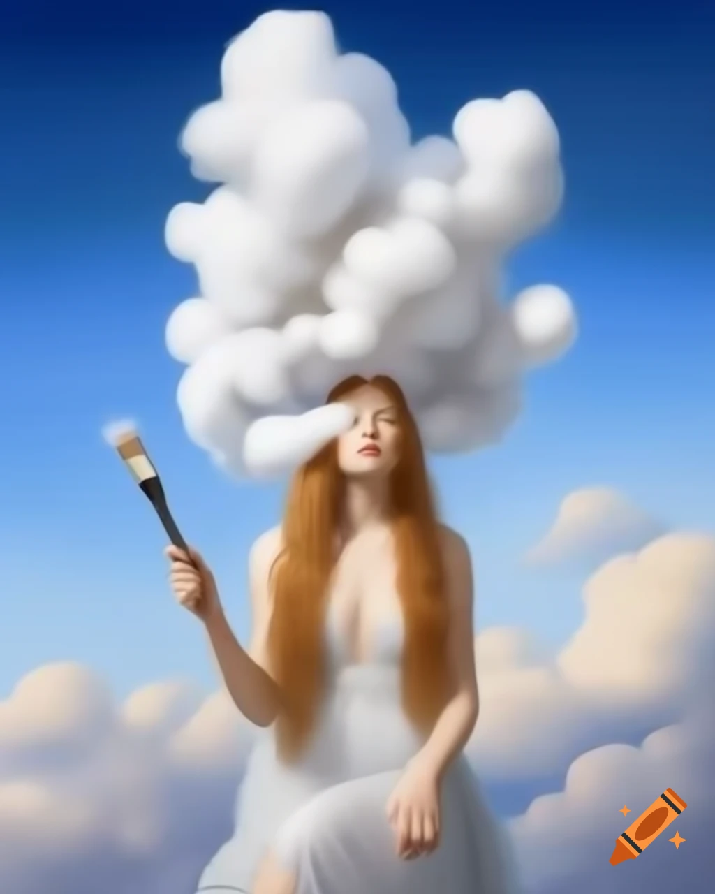 Woman with flowing hair painting cotton-like clouds in a magical sky