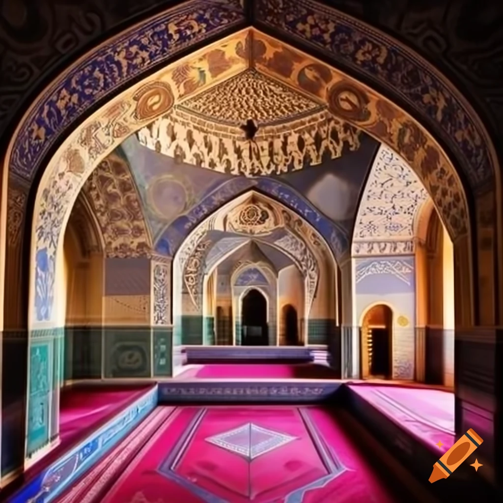 Intricate tile and mirror work in Shiraz mosque featuring Persian carpet and arches