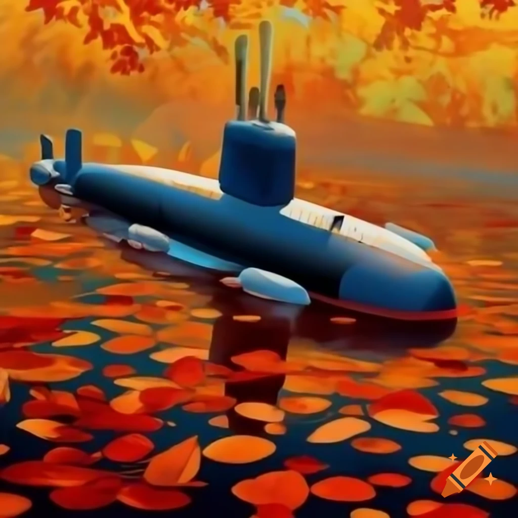 USA submarine partially submerged in colorful Fall leaves