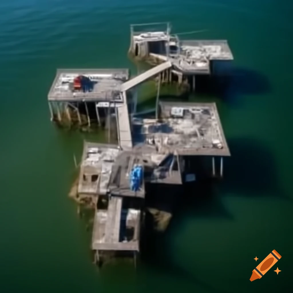 Slums with stilted structures on lake made of stone, wood, and waste materials