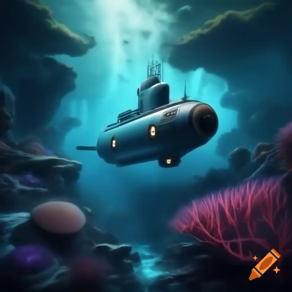 Sleek submarine gliding through vibrant underwater landscape with bioluminescent coral