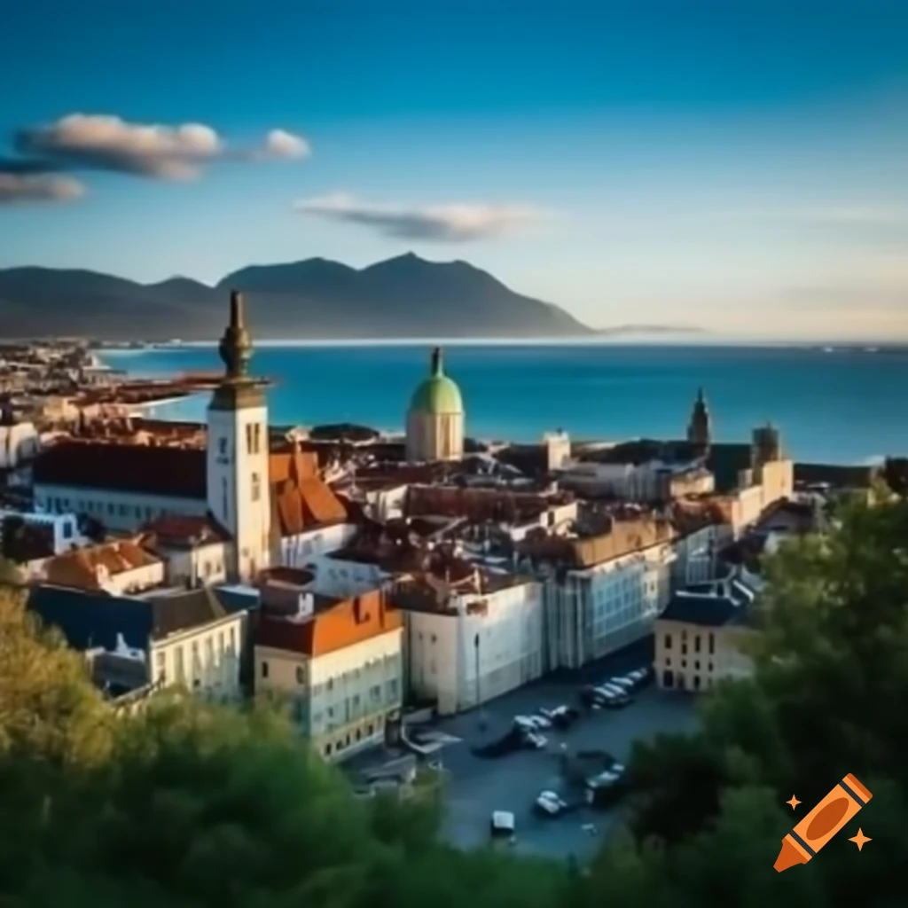 European city by the ocean with mountains in the background