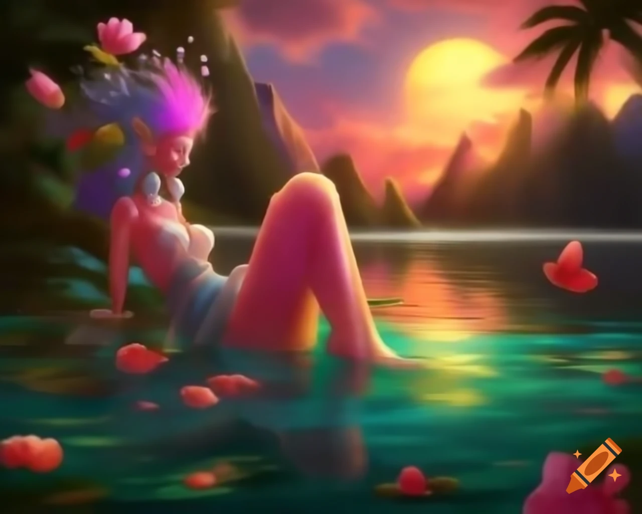Surreal woman with vibrant wig and freckles in dreamlike sunset setting