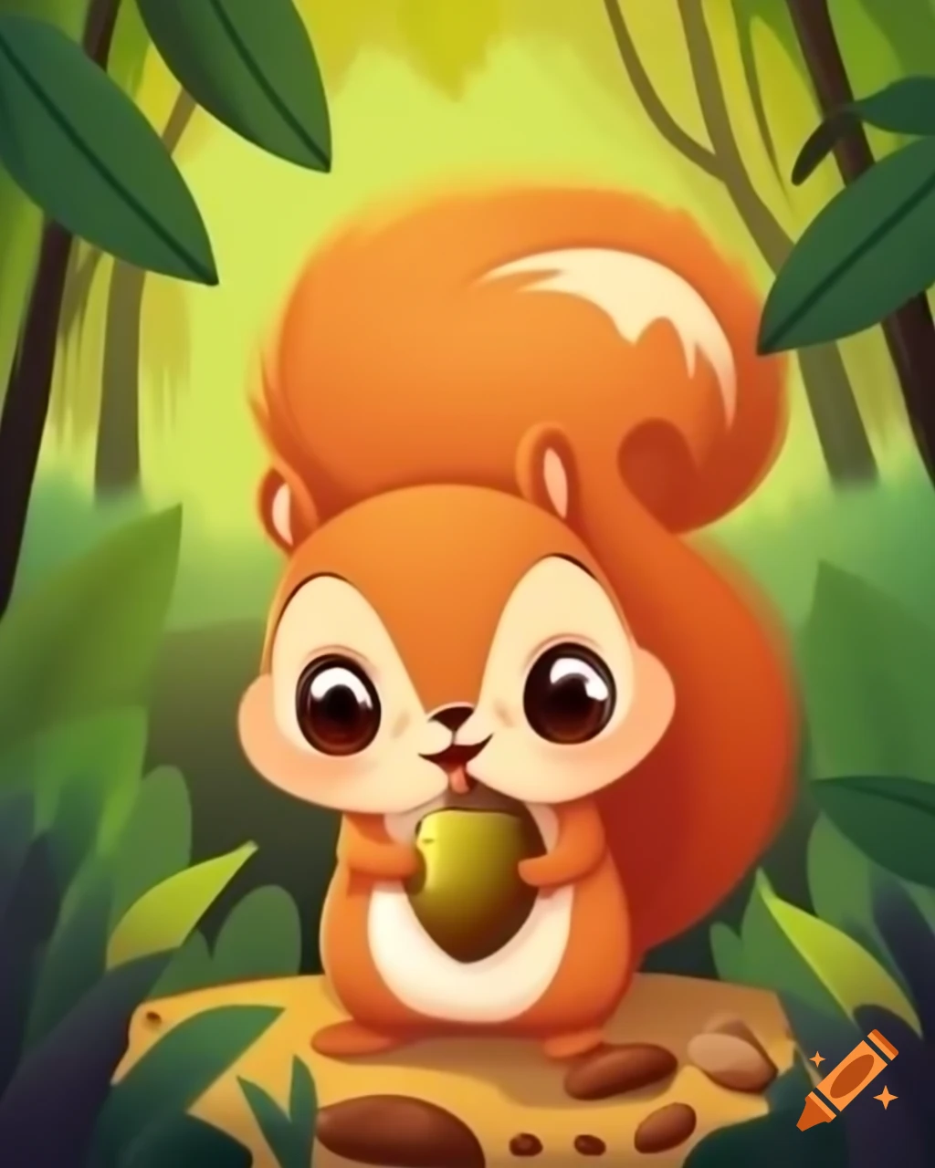Cute squirrel discovering shiny acorn in forest