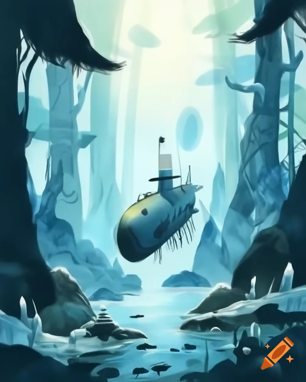 Submarine navigating through mystical forest of glowing crystals with intricate ink details