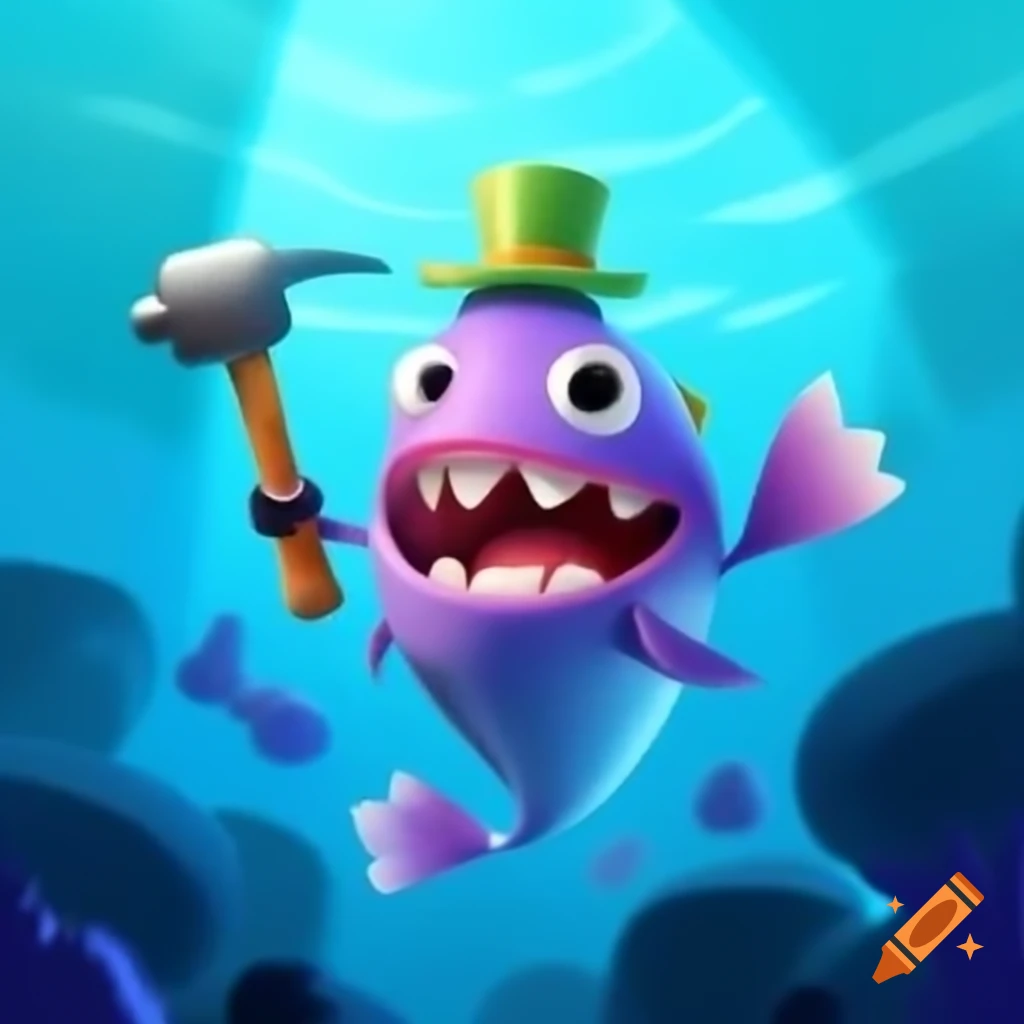 Cartoon fish with hammer ready to explore underwater world in 2d