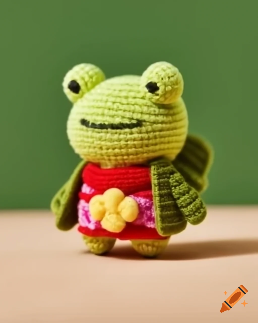 Cheerful crochet amigurumi frog figurine wearing a kimono