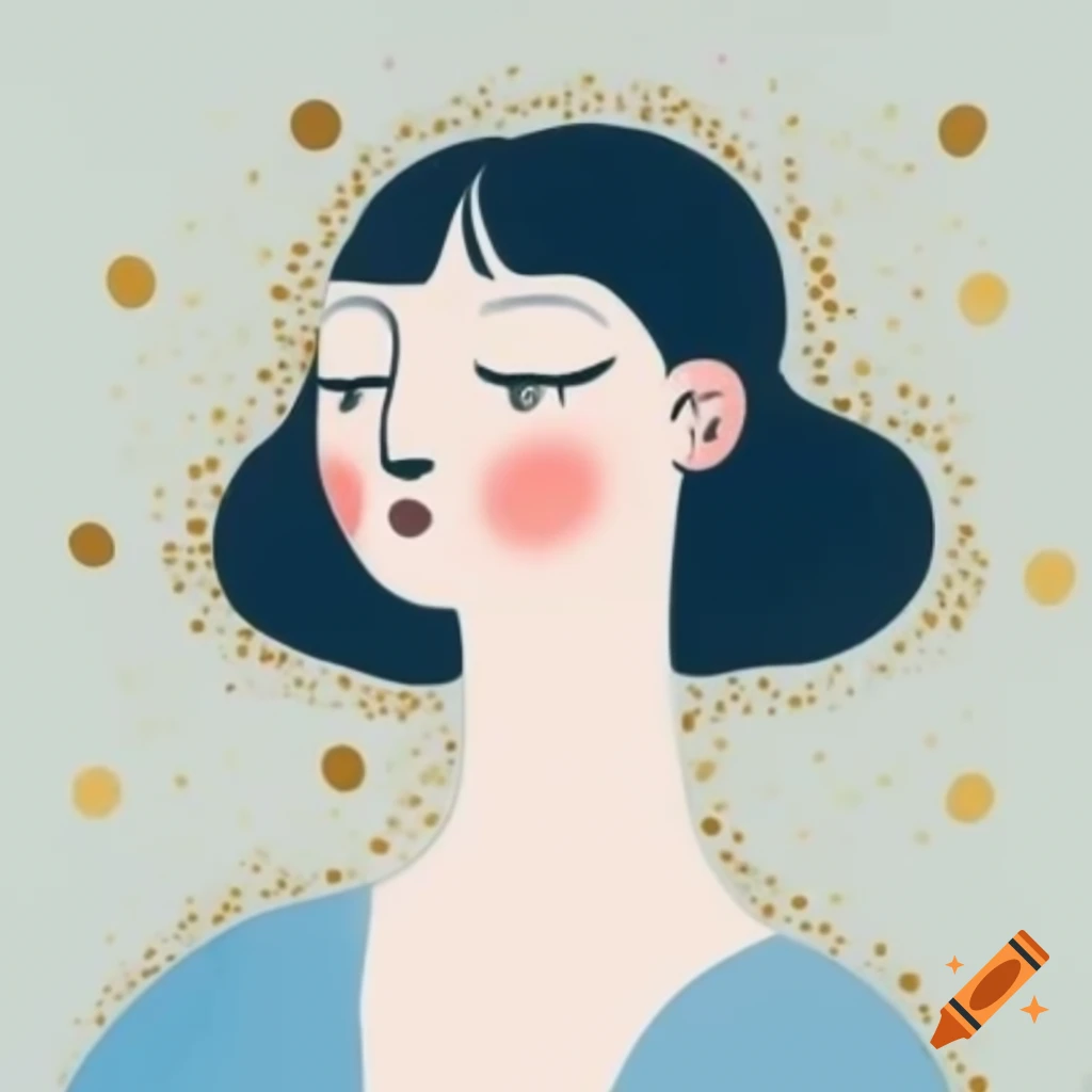 Minimalist portrait of woman in blue dress with golden dots, soft abstract style