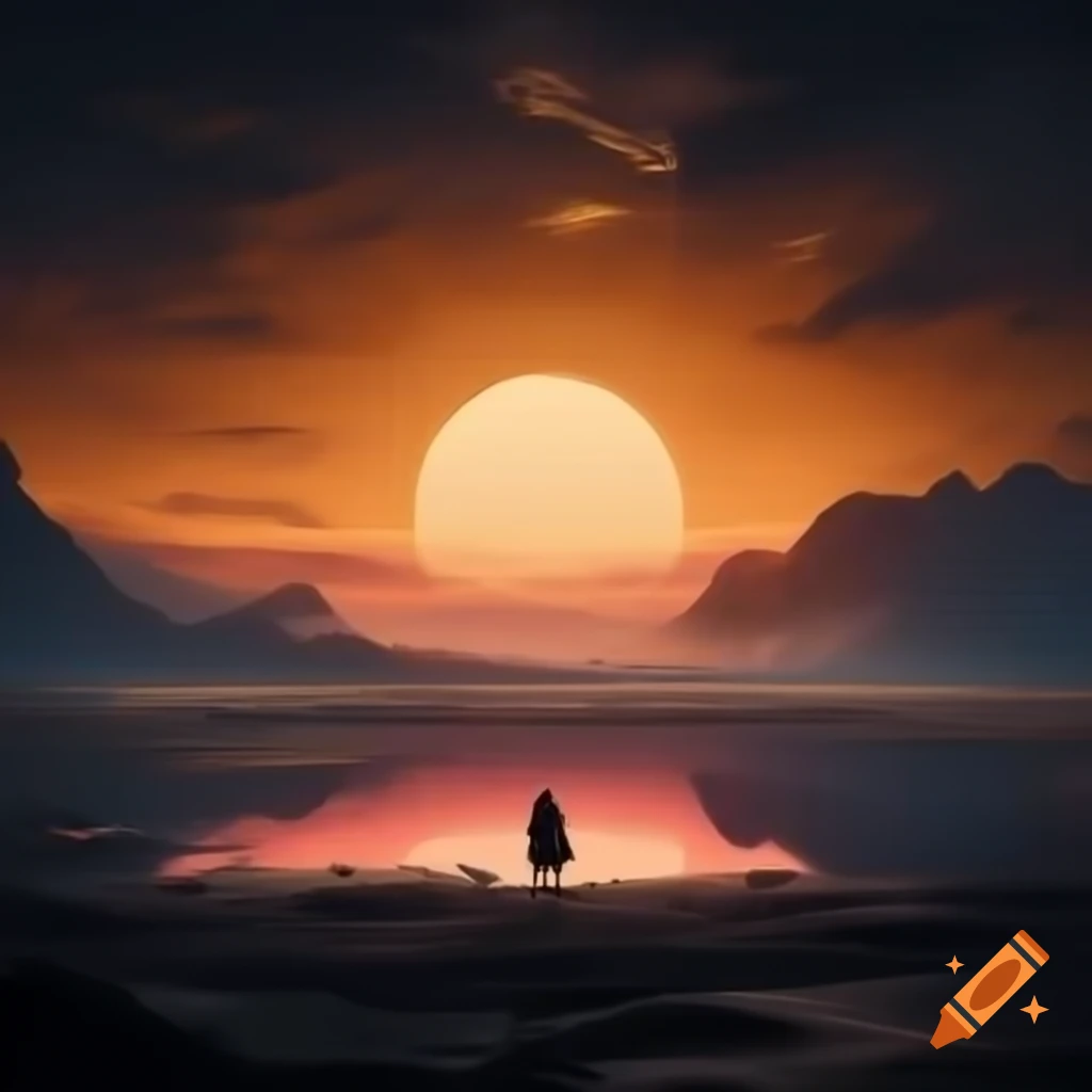 Sunset warrior emerging from arctic wasteland at dusk with golden and pink sky