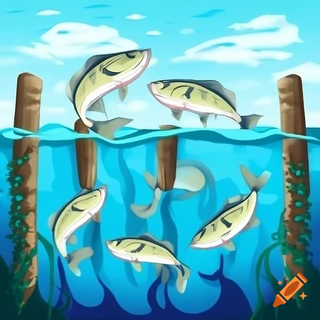 Five shiny sea bass swimming under pier with shadows and mangrove roots