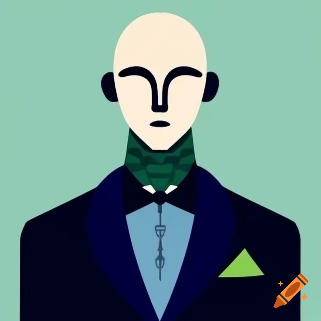 Faceless Bald Male Character In Deep Blue Tuxedo With Grey Tie And 
