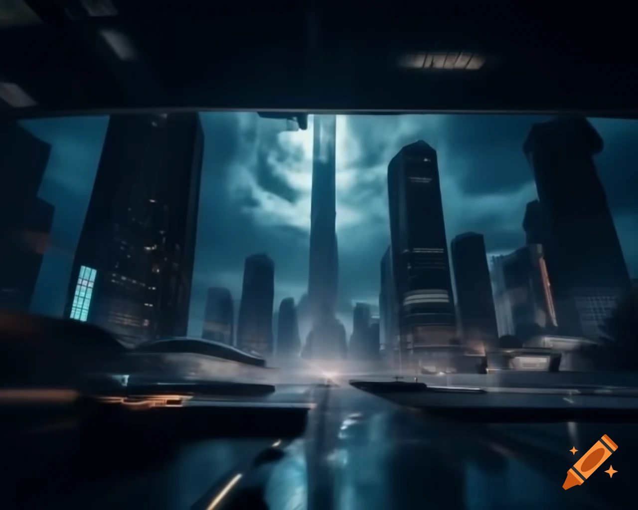 Futuristic cyberpunk cityscape with towering skyscrapers