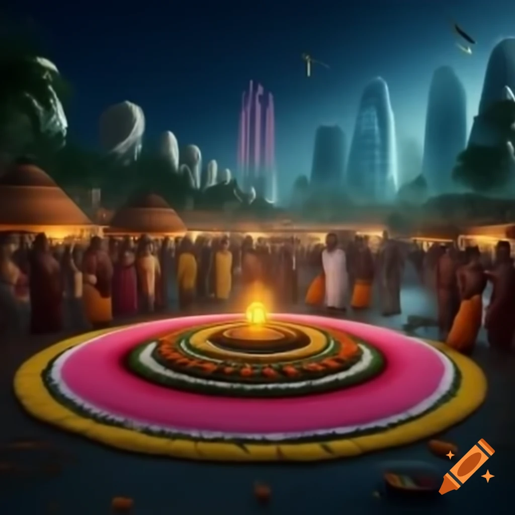 Futuristic Onam celebration blending traditional pookalam and Kerala attire with advanced technology