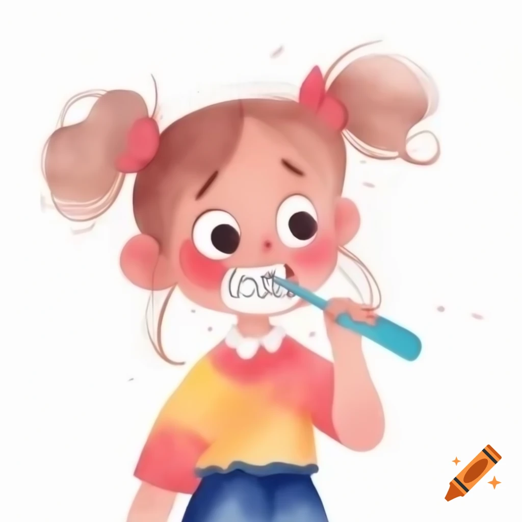 Cartoon girl brushing teeth with watercolor effect on white background