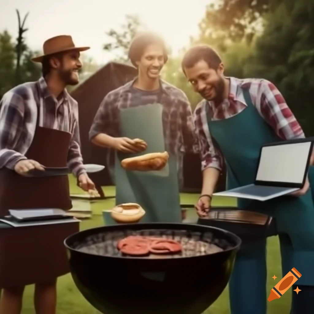 Computer engineers working on laptops near barbecue pit