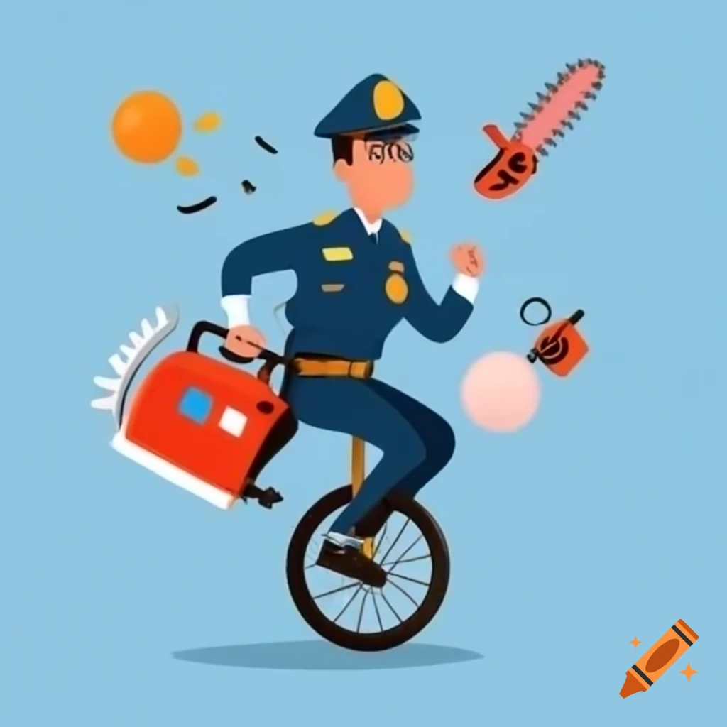 Ambulance officer on unicycle juggling chainsaws